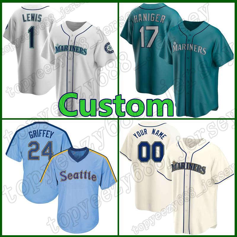 

Seattle Custom 24 Ken Griffey Jr Jersey Mariners 1 Kyle Lewis Baseball 17 Mitch Haniger 34 Felix Hernandez 51 Ichiro Suzuki Robinson Cano, Blue;black
