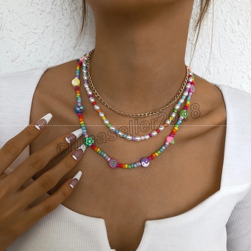 

Bohemian Handmade Soft Pottery Beaded Pendant Necklace for Women Cute Fruit Heart Face Flower Statement Beads Metal Chain Gifts