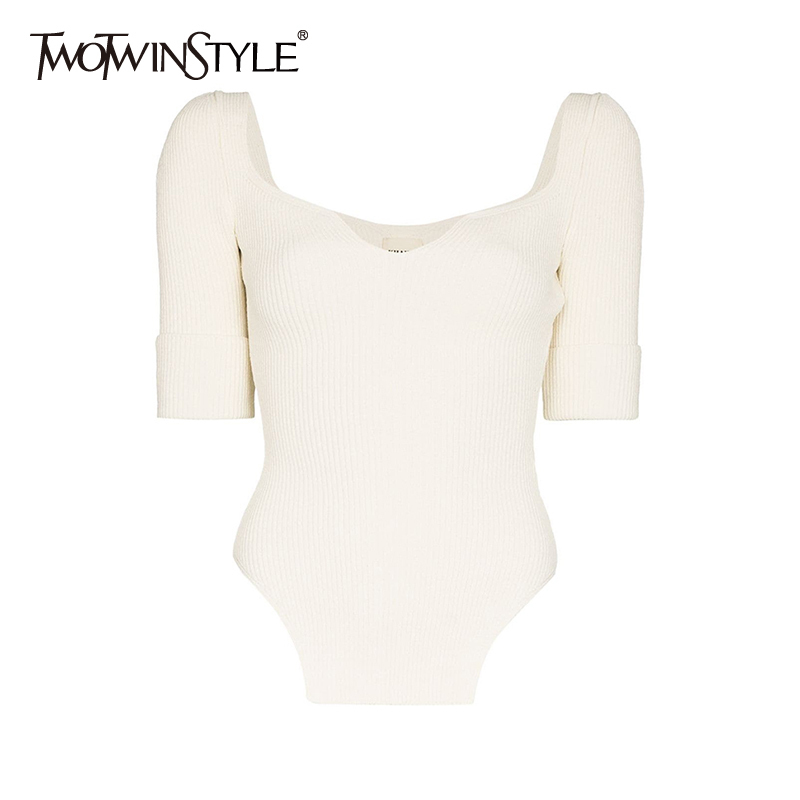 

TWOWINSYLE White Irregular Shirt For Women Square Collar Short Sleeve Knitted Slim Sexy Split Shirts Female Summer Fashion 210524, Black