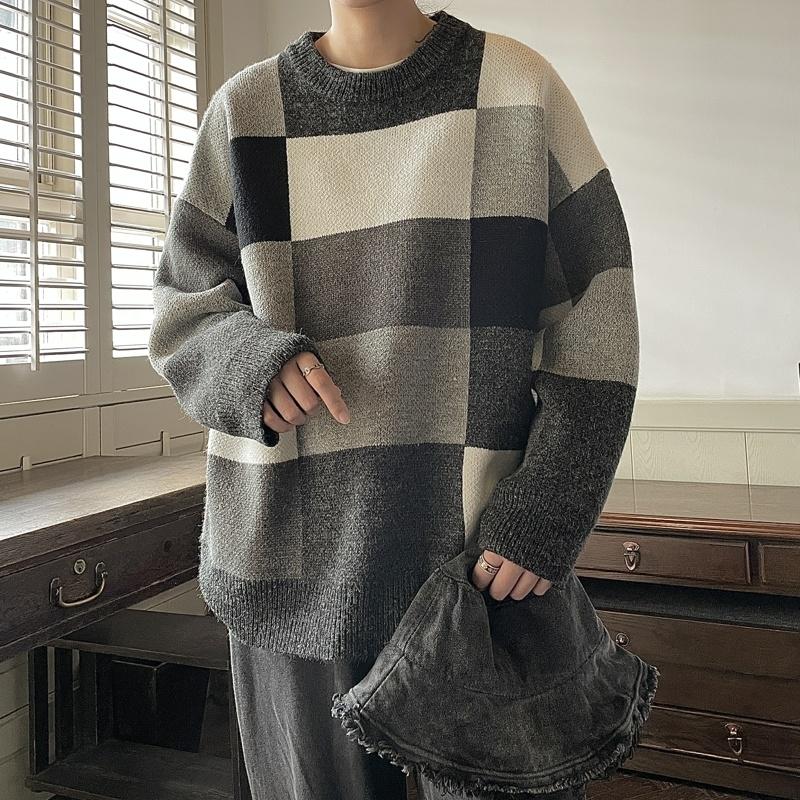 

Men's Sweaters Winter Oversized Plaid Sweater Men Warm Fashion Casual Knitted Pullover Korean Loose Long Sleeve Mens Jumper Clothes, White;black