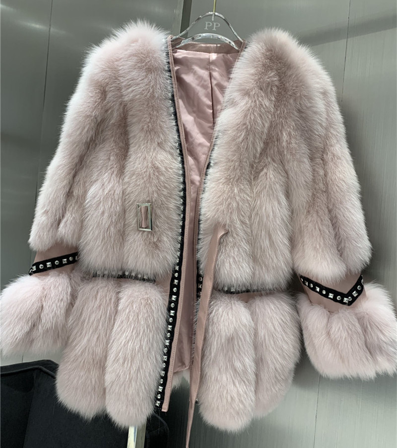 

Women' Trench Coats 2021 Winter natural fox fur coat warm thickening medium long real jacket luxury slim women V5FS, Pink