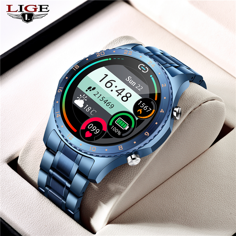 

LIGE New Smart watch Men Full touch Screen Sports Smart watch heart Rate Blood pressure Fitness tracker Bluetooth Call watch+Boxg, Belt brown