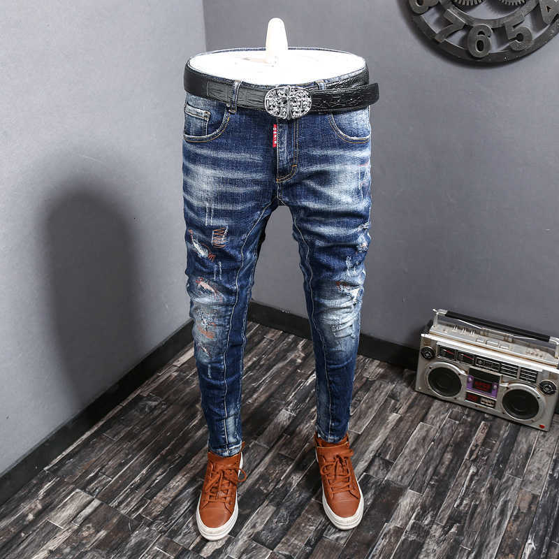 

Italian Fashion Men Jeans Retro Blue Elastic Slim Fit Ripped Denim Trousers High Quality Spliced Designer Hip Hop Biker Pants