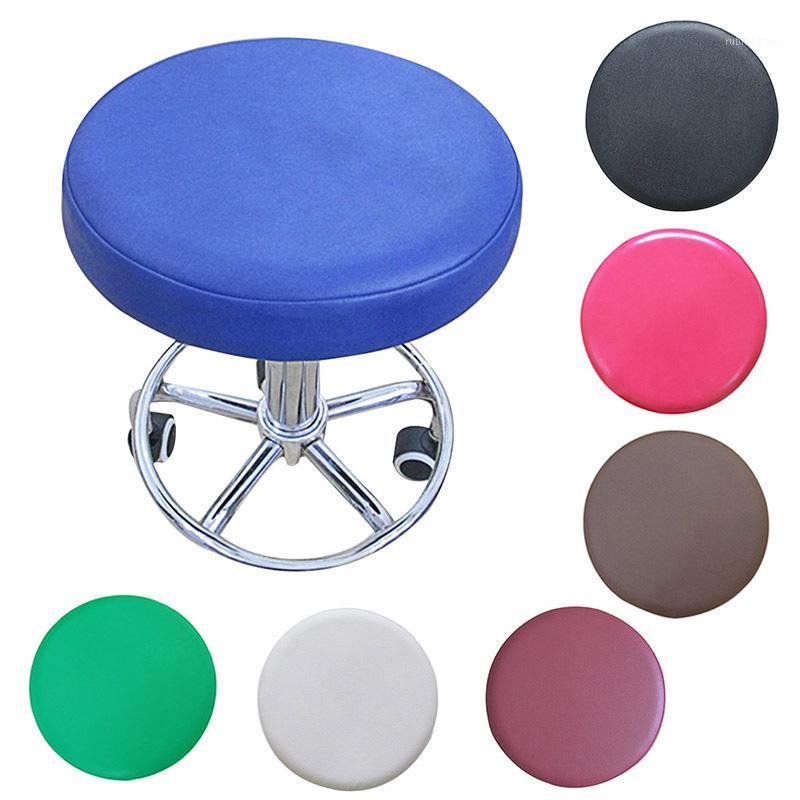

Round Stool Chair Cover Solid Color Stretch Faux Leather Seat Slipcover Dining Protector Case For Home Covers