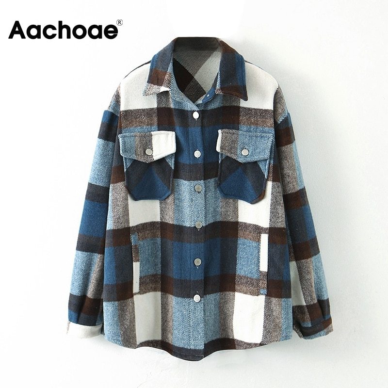 

Aachoae Women Casual Plaid Coat Batwing Long Sleeve Loose Pocket Jacket Turn Down Collar Lady Tops Outerwear Spring Autumn, Blue