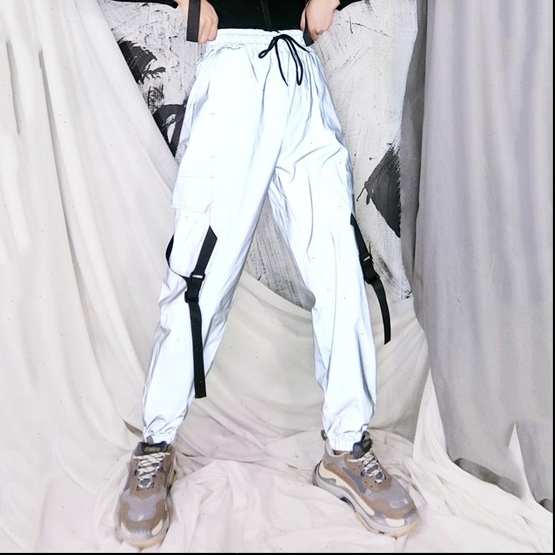

women pant spring loose reflective cargo pants glowing streetwear ribbon sweatpant casual trousers hip hop harajuku, Black;white
