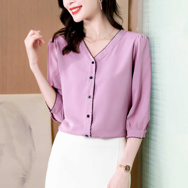 

Women' Button Up Shirt Silk Blouses for Women Half Sleeve  Pius Size Pink V-neck Blouse Top Female Woman Basic 210604, Lotus root color