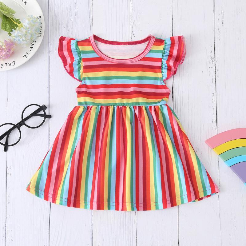 

Girl's Dresses Baby Girls Fashion Trend Dress Striped Rainbow Sleeve High Quality Splicing Princess Party Vestido S, Mr
