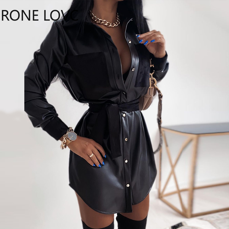 

Women Long Sleeve Solid Solid Button-down Shirt PU Dress Dress Elegant Fashion Party Dress, Black