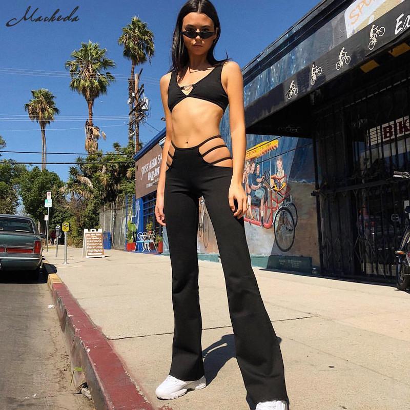 

Women' Pants & Capris Macheda 2021 Women Black Sexy Cut Out Holes Slim Fitness Sweat Flare Hollow Trousers Streetwear Pant