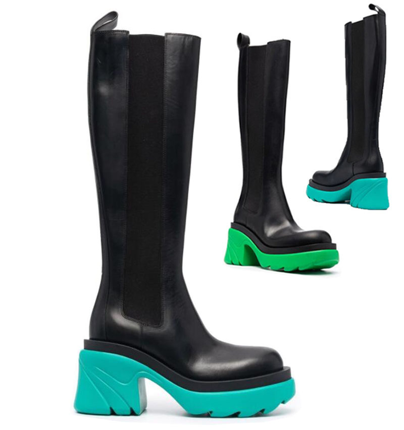

aaa++ high heels blue soles bottega tire high leather boots cowhide leather chelsea booties men platform chunky shoes lady knight high-boots, Black
