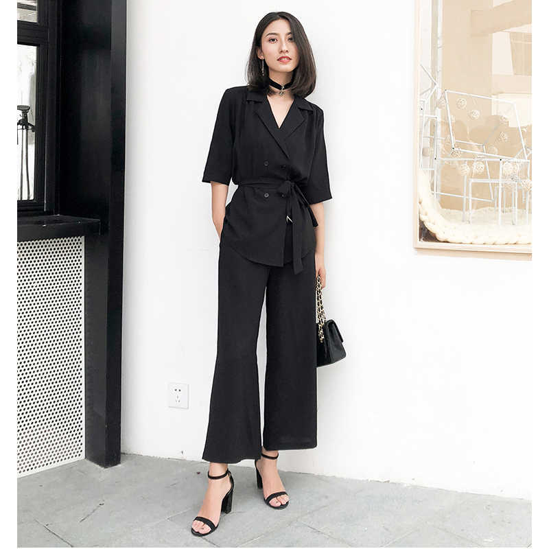 

Woman Chffion Pant Suits Office Lady Sets OL Workwear Double Breasted Belted Black Blazer Jacket & Trousers 2 Piece Set Female 210608