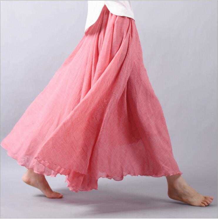 

Cotton Linen Maxi Skirt Women Spring Summer Elastic Waist Vintage Solid Pleated Long s Mori Girl Boho Beach QH1725 210609, 01