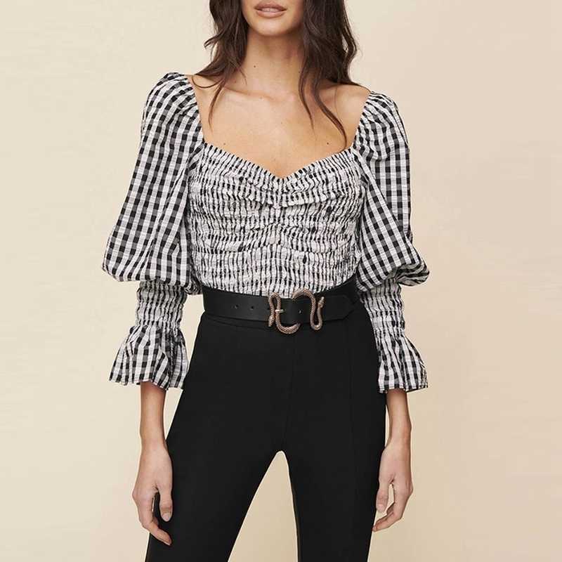 

Casual Vintage Plaid Shirts Women Puff Sleeve Off the Shoulder Slim Tempearment Blouse Pullover Tops 210525, Black