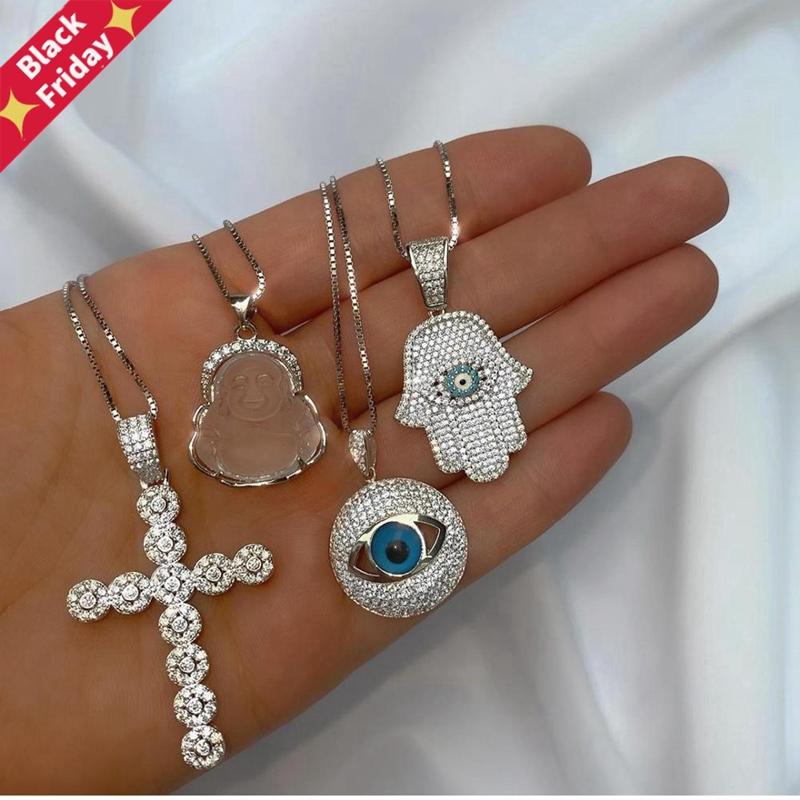 

Chokers 16"+4" Box Chain Fashion European Women Jewelry Micro Paved Cz Cross Evil Eye Hamsa Hand Pendant Necklace, Golden;silver