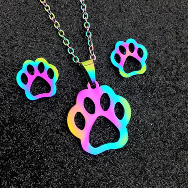 

Earrings & Necklace QIAMNI Stainless Steel Dazzling Colorful Cute Cats Dogs Footprint Heart Jewelry Set Earring Lovers Friend Gift, Silver