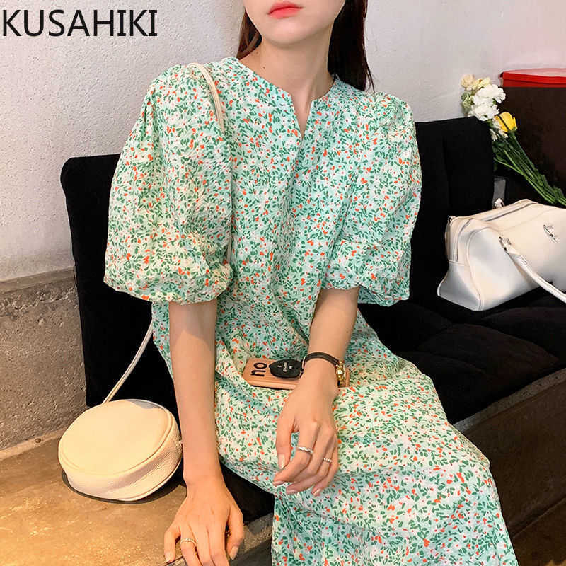 

KUSAHIKI Korean Floral Dress for Women Puff Sleeve O-neck Dresses Summer High Waist A-line Vestidos Feminimos 6J156 210602, Green