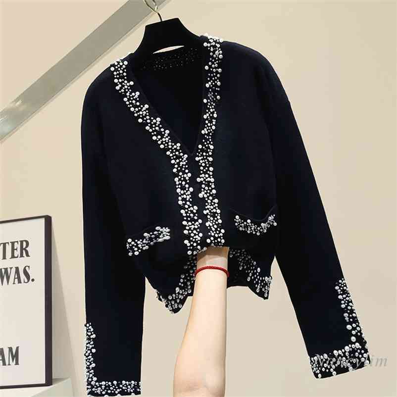 

Black Cardigan Woman Autumn Beaded V-neck Knitted Coat Women' Style Loose Outer Cropped Cardigans Female 210519