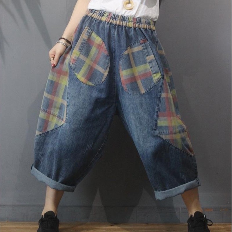 

Women's Jeans 2021 Arrival Summer Women Loose Casual Elastic Waist Ankle-length Pants Cotton Denim Harem Patchwork W72 A59I, Blue