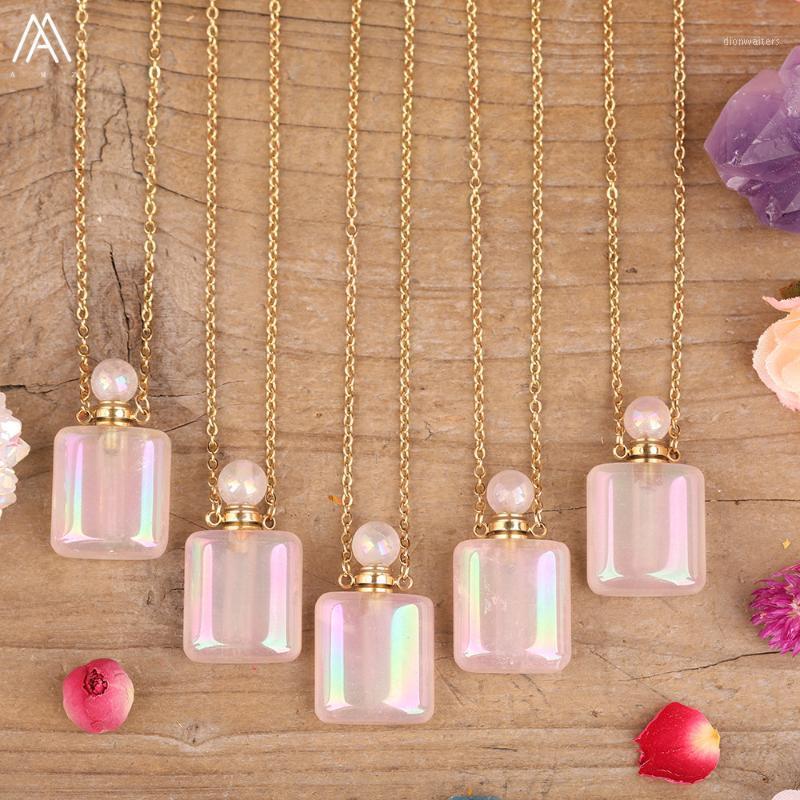 

Natural Pink Roses Quartz Rectangle Essential Oil Bottle Pendant Necklace Gold Women Aura Crystal Stone Perfume Chains