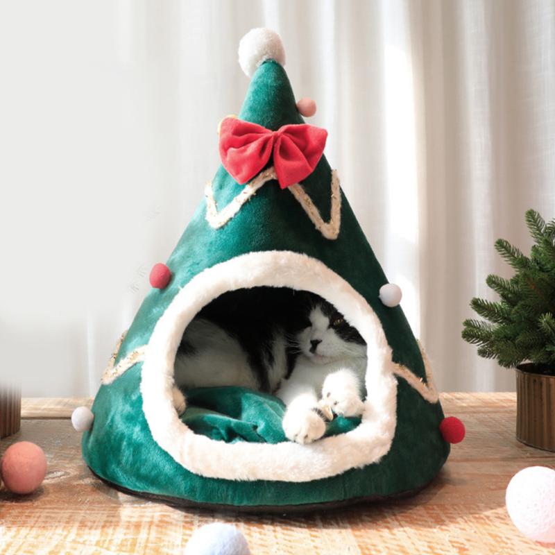 

Kennels & Pens Pet House Christmas Tree Tent Short Plush Cat Dog Bed Winter Warm Kennel Small Dogs Chihuahua Puppy Sleeping Pad Supplies, Red