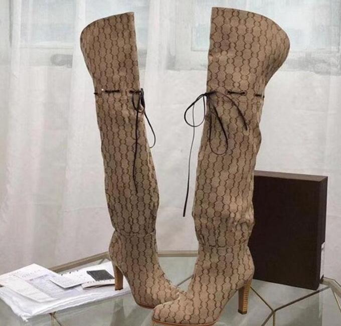 

Designer Women Boots Top Quality Genuine Leather Red Beige Canvas over the knee boot's Zipper Laces fashion luxury High Heel Womens Brand Casual shoes Add box