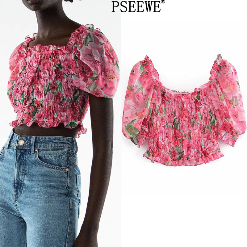 

Women Blouse Summer Za Floral Print Crop Top Woman Fashion Ruffle Square Neck Short Puff Sleeve Thin Chiffon Blouse 210517
