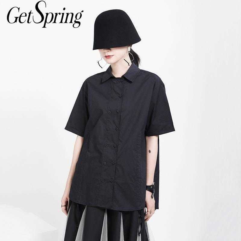 

Getspring Women Blouse Drawstring Irregular Black White Women's Summer s Asymmetry Casual Cotton Tops Fashion 210601