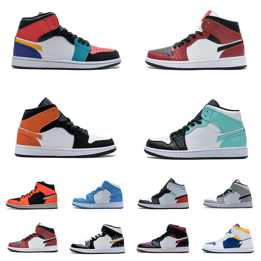 

1s Banned Basketball Shoes Mid 1 UNC University Blue Pine Green Grey Black Toe Bred Pink Quartz Tropical Twist Tuxedo Sanded Purple White Shadow Crimson Tint Sneakers, Shown