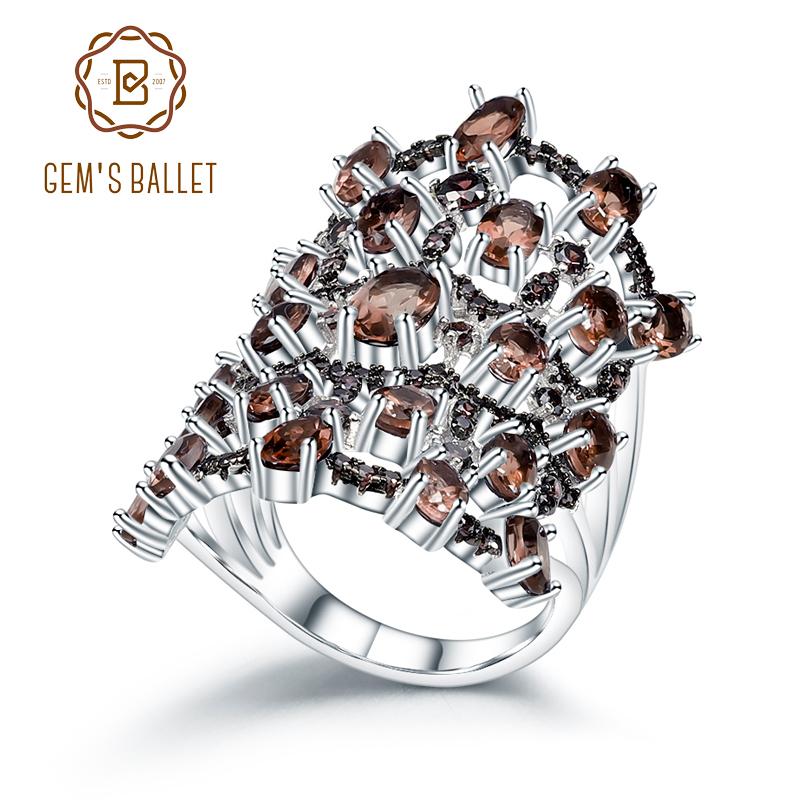 

Cluster Rings GEM'S BALLET Luxury 925 Sterling Silver Vintage Finger Ring 7.17Ct Natural Smoky Quartz Gemstone For Women Fine Jewelry, Golden;silver