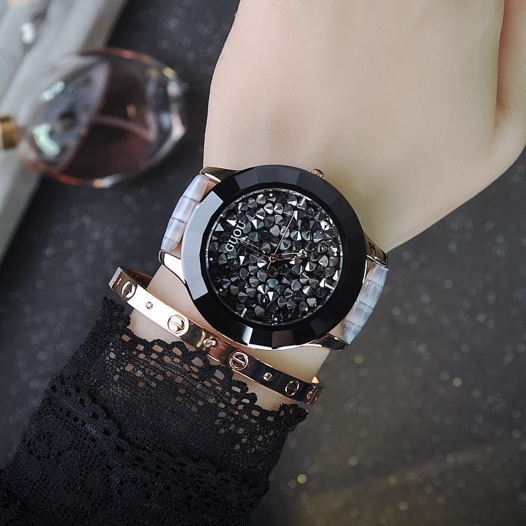 

Wristwatches Fashion Guou Brand Women's Watch Rhinestone Diamond Genuine Leather Ladies Dress Wristwatch Clock Montre Femme Bayan Kol Saati, Grey