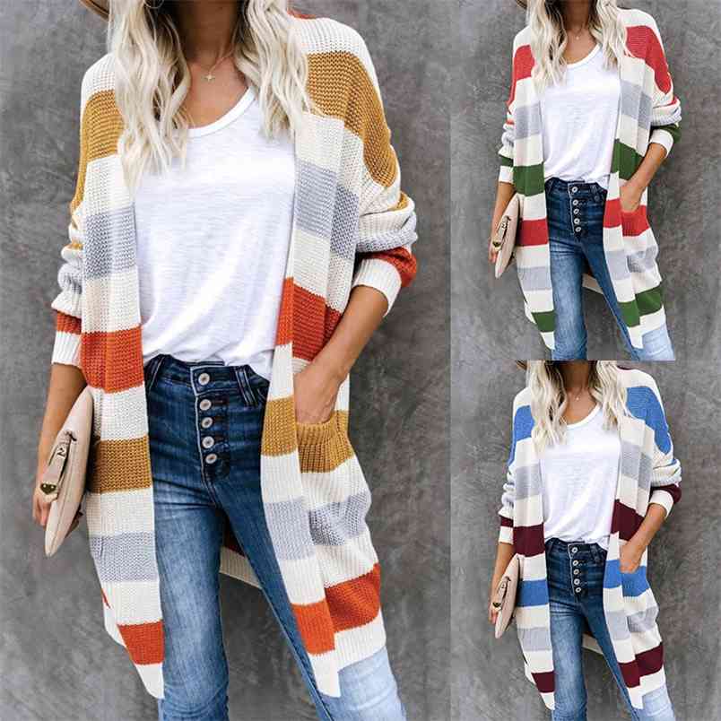 

Woman Casual Long V-Neck Cardigans Knitted Sweater for Womens Autumn Female Colorful Striped Sleeve Pockets Cardigan 210604, Blue