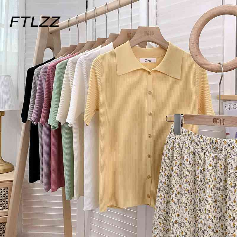 

Women Casual Sweater Summer Polo Collar Single-breasted Pullover Tops Woman Fashion Knitted 210602, Yellow