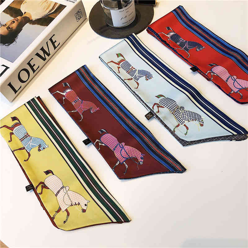 

100cm Luxury Brand Design Horse Plaid Twill Double-deck Women Scarf Tie Head Silk Scarves & Wraps Neckerchief For Ladies, Blue;gray