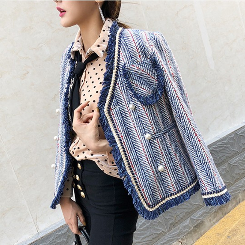 

Autumn Winter Runway Fashion Luxury Retro Woolen Tweed Outwear Fringed Tassel Diamond Beads Short Coat&Jackets 210525, Picture color