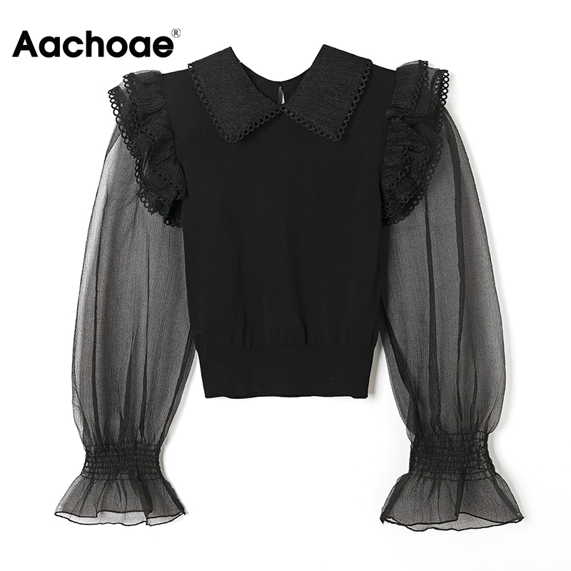 

Sweet Mesh Patchwork Knitted Cropped Blouse Women Flare Long Sleeve Black Ruffles Tops Elegant Turn Down Collar Shirt, Black;white