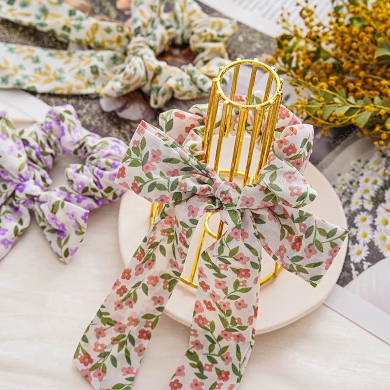 

Korean Bow Long Ribbon Hair Scrunchie Chiffon Floral Print Sweet Elastic Hair Band Ponytail Holder Hair Accessories