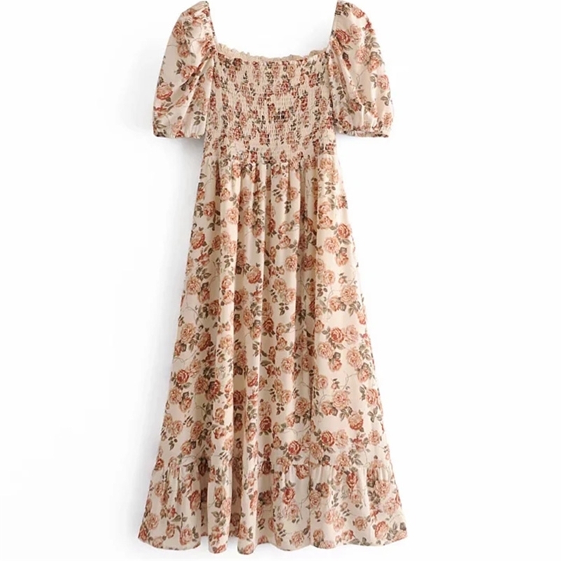 

Summer Long Dress Women Puff Sleeve Lace Neck Stretchable Floral Print Side Split Female Soft Casual Size L 210524, As the photo