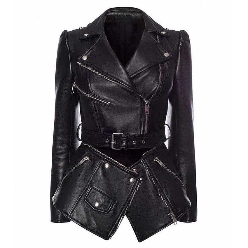 

HIGH QUALITY est Fashion Runway Designer Jacket Women' Lower Edge Detachable Zippers Faux Leather Coat 210526, Black