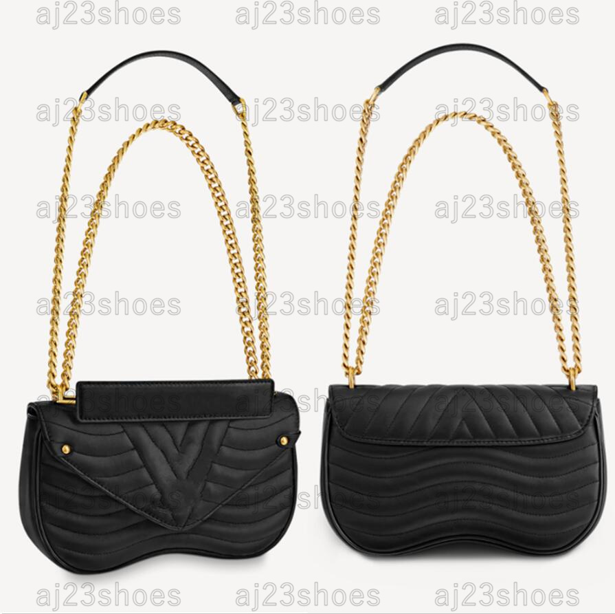 

New Wave Chain Bag MM Deep-Black Noir Smooth Quilted Cowhide Leather Colorful Signature Sliding Chain Long And Short Shoulder Or Cross-Body Wear, 01