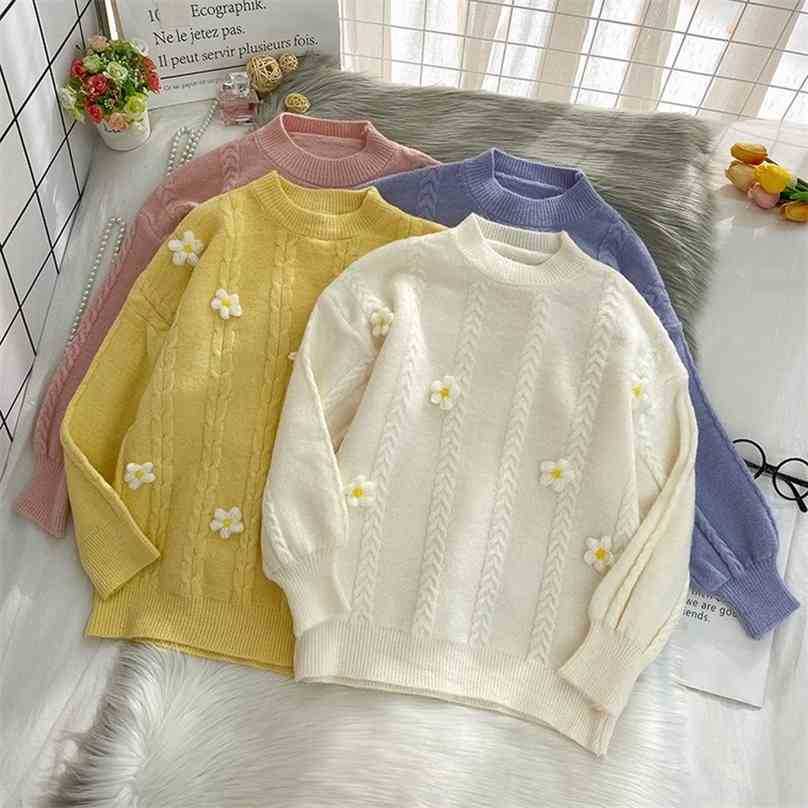 

3D Flower Sweater Woman Loose Long Sleeved Solid O-neck Oversized Sweaters Women Fashion Korean Spring Autumn Pullover Knit Tops 210525, Purple