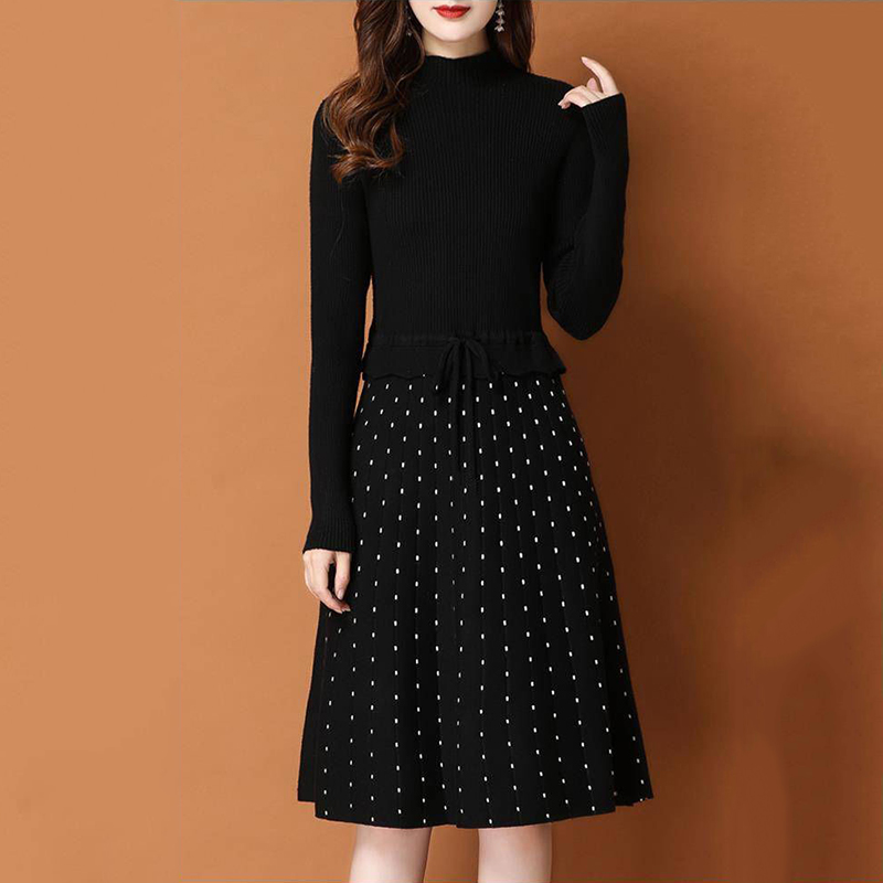 

2021chic long knit patchwork women dot printed sweater dress thick warm winter dress female rib turtleneck a line dress office lady, Black;gray