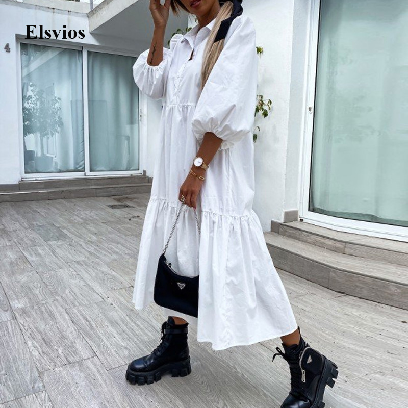 

Summer Women Half Sleeve Long Dress Casual Button Turn-down Collar Loose Shirt Dress 2021 Spring Solid Lady Party Dress Vestidos, Black