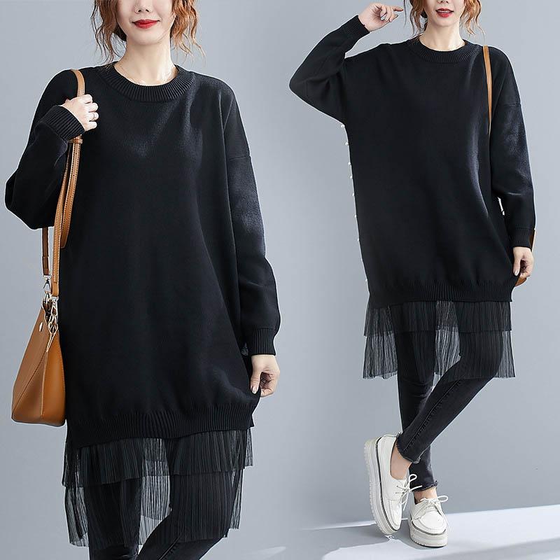 

Casual Dresses Autumn Winter Mesh Stitching Beaded Knitted Dress Women Plus Size Bust 150cm 6XL 7XL 8XL 9XL Long Sleeve Black
