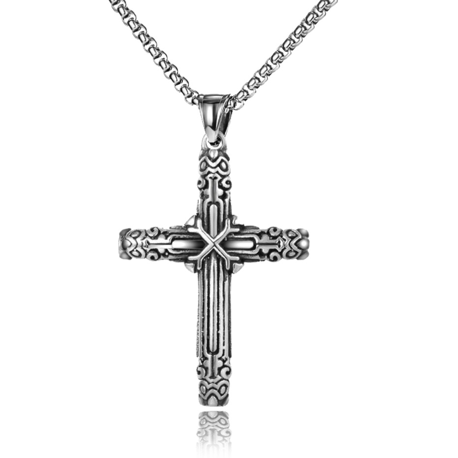 

Punk Cross Necklace Pendant For Men Boy With 3MM Stainless Steel Chain Retro Jewelry, Silver