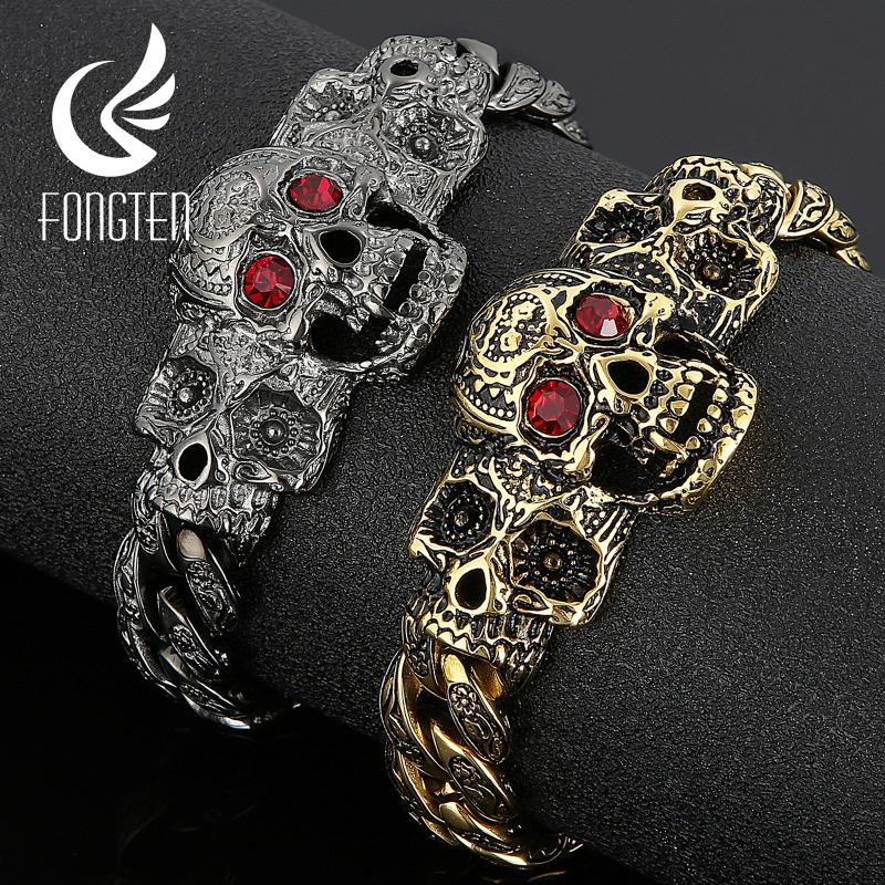 

Charm Bracelets Fongten Gothic Skull Curb Cuban Link Chain Red Crystal Eye Skeleton Bracelet For Men Stainless Steel Male Bangle Jewelry