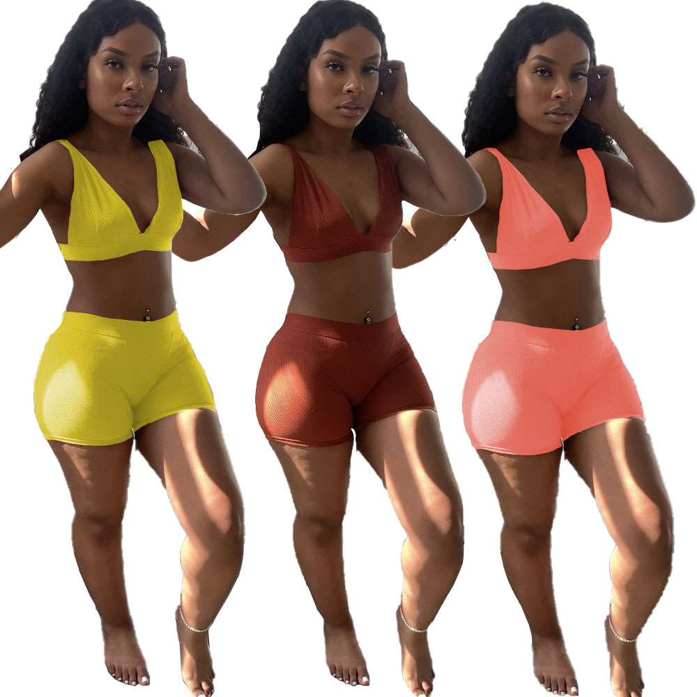 

Beach Style Sportswear Two Piece Set Tracksuits Women's Clothing Deep V Neck Sleeveless Backless Tank Top+bodycon Biker Short Active Wear, Brown