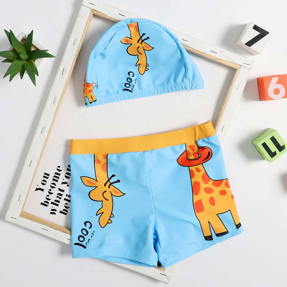 

children's swimming trunks small boy split cartoon multi color suit with cap, Blue