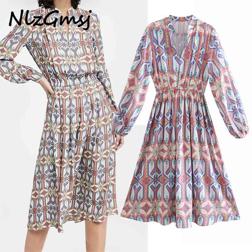 

Dres Spring Elegant Floral Print Split Midi Female Chic Puff Sleeve De Fiesta Vestidos 210628, As picture