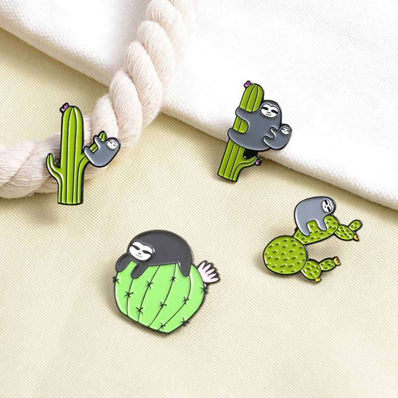

Pins, Brooches Lovely Sloths Family Enamel Lapel Pins Creative Sloth Playing With Cactus Denim Shirts Badges Cute Animals Jewelry Gift, Gray